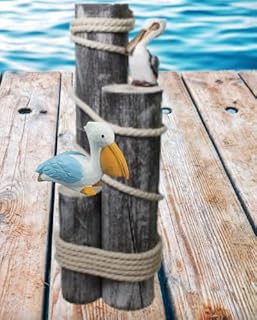 DRH - Pelican Statue on Wood Pilings – Coastal Garden Decor, Nautical Bird Sculpture for Porch, Pool, Patio or Beach House - Marine Bird Sculpture Nautical Decor