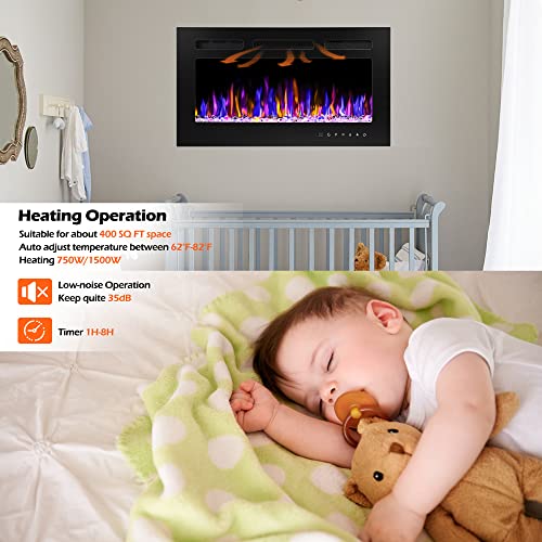 Betelnut 30" Electric Fireplace Wall Mounted And Recessed With Remote Control, 750/1500W Ultra-Thin Wall Fireplace Heater W/Timer Adjustable Flame Color And Brightness, Log Set & Crystal Options #TOP4