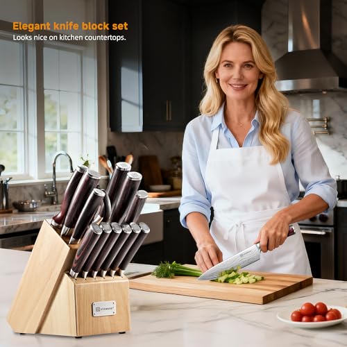 Image of KEEMAKE 14-Piece Knife Set with Block,Ultra Sharp Knife Block Set High Carbon Stainless Steel Kitchen Knife Set Professional Chef Knife Set with Ergonomic Pakkawood Handle and Sharpener
