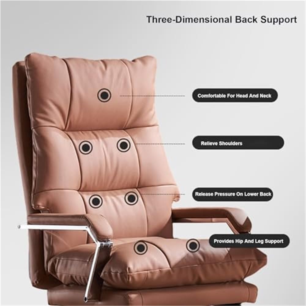 Executive Office Chair Ergonomic Genuine Leather Computer Desk Chair with Tilt Back Retractable Footrest Comfortable Swivel Task Chair ffor Reception Study Bedroom(White)