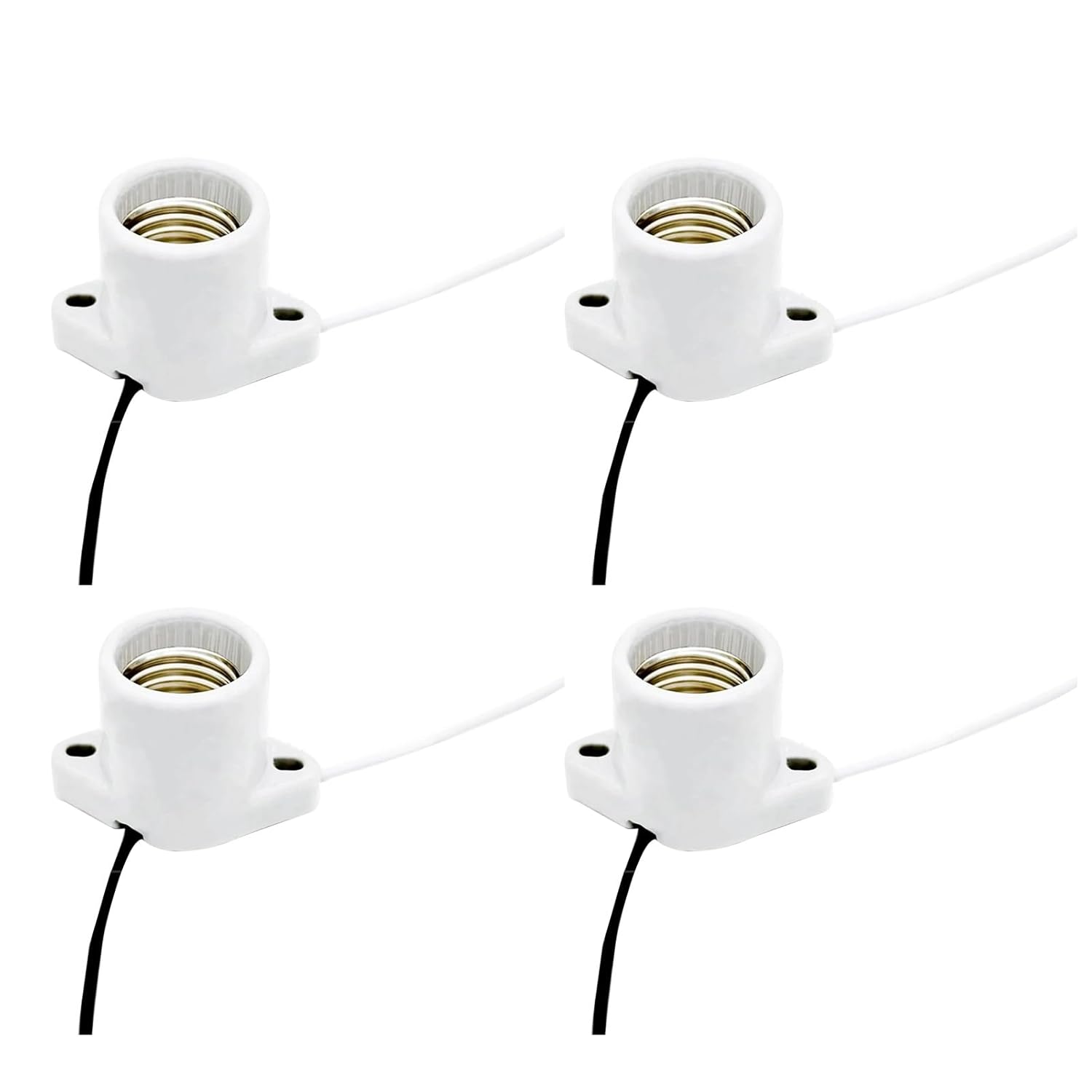 E26/E27 Ceramic Light Sockets Lamp Holder with 6 Inch Wire & Two Hole Flange Mount, 4PCS US