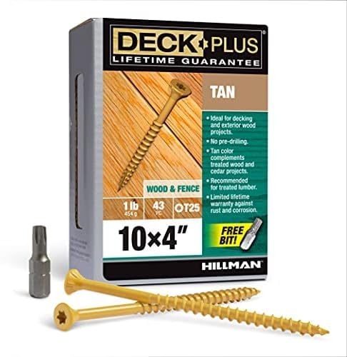 Image of Deck Plus 4 Inch Epoxy Coated Exterior Wood and Fence Screws #10 x 4 Torx /Star Drive Included Coarse Thread, Outdoor Rust Resistant Decking Screw, Tan, 1lb Box, 43 Pieces | 48423 (Pack of 12)