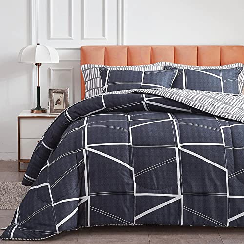 Navy Blue Bed In A Bag 7 Pieces Queen Size All Season Navy White Line - Soft Microfiber Reversible Bed Comforter Set (1 Comforter, 2 Pillow Shams, 1 Flat Sheet, 1 Fitted Sheet, 2 Pillowcases) #TOP1