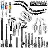 ZORKNOPT 34 PCS Flexible Drill Bit Extension Set with 2 PCS 105° Right Angle Drill Attachment, Bendable 1/2 3/8 1/4" Universal Socket Adapter & Screwdriver Bit Kit & Drill Bit Holder