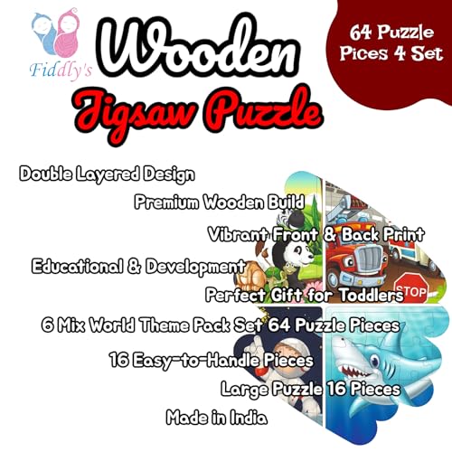 Image of Fiddlys Fiddly's 16-Piece Wooden Jigsaw Puzzles for Kids Ages 3+, Double Layered Wooden Puzzles with Bright Front & Back Print (Mix World Pack of 4)