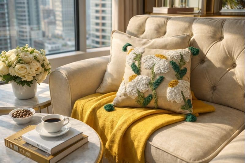 Image of Hand Tufted Cotton Cushion Cover and Tassels, Textured Throw Pillow Case for Sofa, Couch, Bed, Boho Farmhouse Home Decor, 40x40 cm, Pack of 1