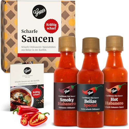 Gepp‘s Feinkost scharfe Soßen Set I Hot Sauce Set mit 2 feurigen Habanero Chili Saucen und einer Hot Belize Sauce I Chili Geschenkset, hergestellt nach eigener Rezeptur I 3 x 50ml