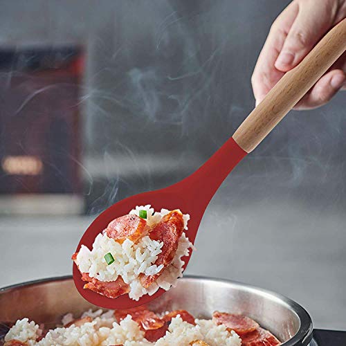 Image of Non-Stick Silicone Cooking Utensils Set with Natural Acacia Hard Wood Handle, High Heat Resistant Red Pack of 5