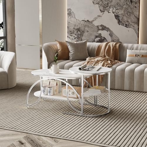 Set di tavolini bassi per soggiorno, rotondo con spazio di archiviazione, ovale durevole in bianco e argento per soggiorno, camera da letto, ufficio