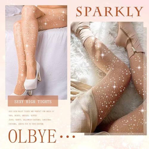 Olbye Fishnet Stockings Women’s Sparkly Rhinestone High Tights Sexy Concert Outfits Glitter Pantyhose Fishnets Leggings 2Pcs4