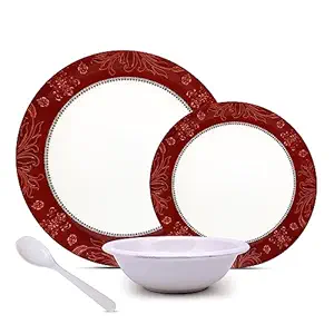 EVA Pack of 24 Melamin Dinner Plate with Bowl Melamine Floral Printed (6 Full Plate || 6 Bowl || 6 Half Plate || 6 Spoon) Dinner Set (Red)