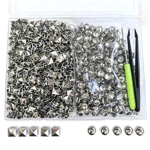 Uliche 1000PCS Punk Rivet Kit for Clothing Premium Metal Square Pyramid Studs & Round Dome Rivets for Leathercraft Punk Style DIY Craft Decoration for Punk Style Clothes Belts Bags Shoes Dog Collar