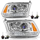 TUSDAR Factory Projector Headlights Assembly Fit for 2013-2018 Dodge Ram 1500 2500 3500, OE Style Replacement Halogen Headlamp with LED DRL and Bulbs Chrome Housing Amber Reflector