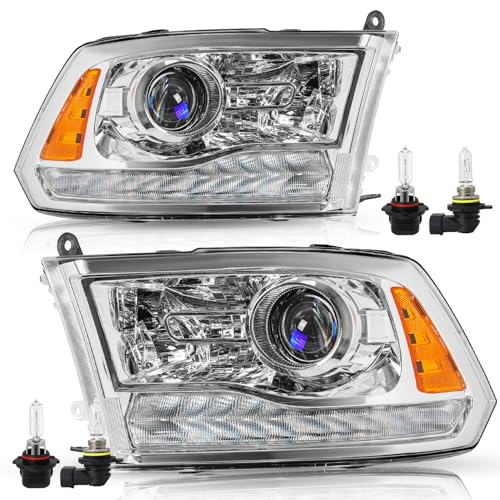 TUSDAR Factory Projector Headlights Assembly Fit for 2013-2018 Dodge Ram 1500 2500 3500 OE Style Replacement Halogen Headlamp with LED DRL and Bulbs Chrome Housing Amber Reflector