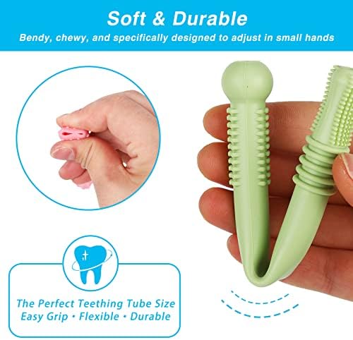 Teething Toy for Baby,6 Pcs Silicone Hollow Teething Tubes,Sensory Soothing Teething Stick Temperature Resistance with 2Pcs Cleaning Brushs for Babies Toddlers Infants