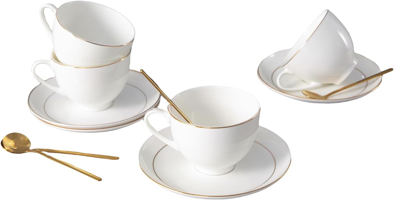 Bone China Tea Cups and Saucers Set (7 oz, Set of 4) – White Luxury Fine Porcelain Mugs for Tea, Coffee, Latte Art, Barista Use, Elegant Gifting