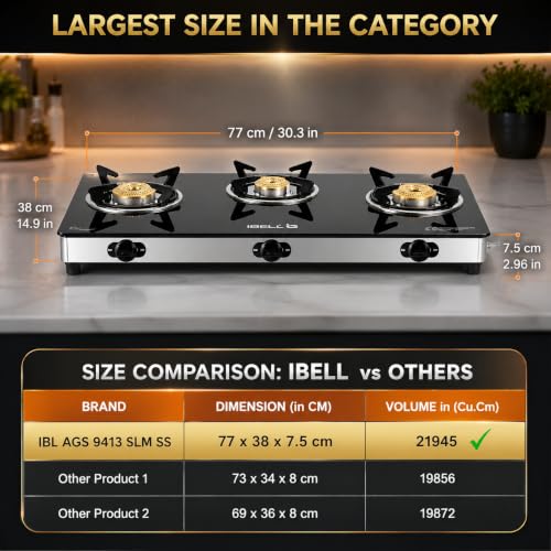 Image of iBELL AGS9413SLM 3 Burner Gas Stove with Auto Ignition | 3-YEARS WARRANTY | ISI Certified | Large 77 x 38 x 7.5 cm Body | Scratch Resistant Toughened Glass Top | High-Efficiency Brass Burners [Black]