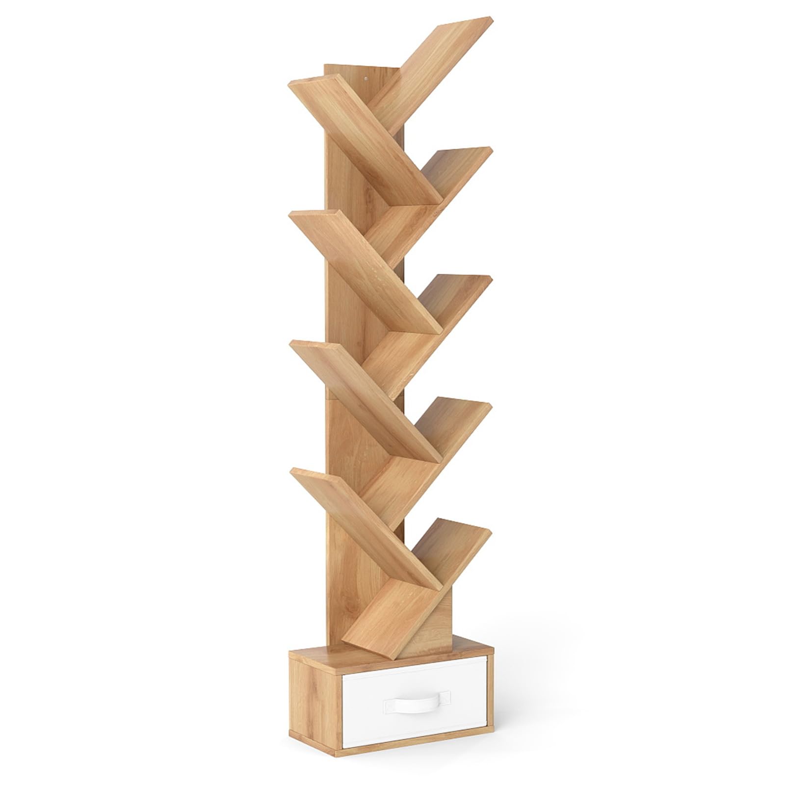 CASART 10-Tier Tree Bookshelf, Slim Tall Floor Standing Bookcase with Drawer & Wall Anchor, Wooden Display Shelving Storage Rack for Living Room Bedroom Office (Natural)