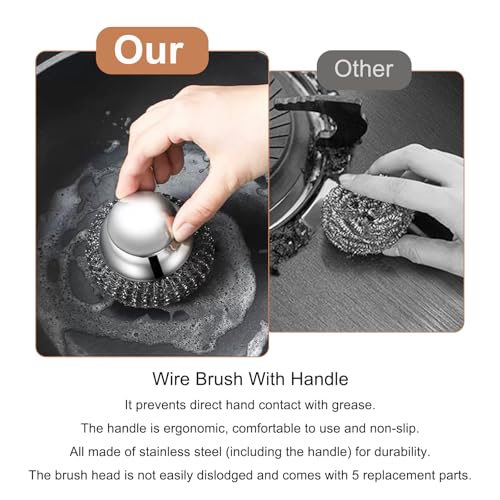 Image of Stainless Steel Wool Scrubber with Handle, 5 Replacement Steel Scrubber Wool Pads,Stainless Steel Scrubber for Scouring Stubborn Messes from Cast Iron, Pots, Pans, Grill, Stoves, Sink (Dark Gray)