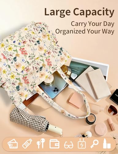 Bolso tote de pana para mujer con diseño floral miniatura 4