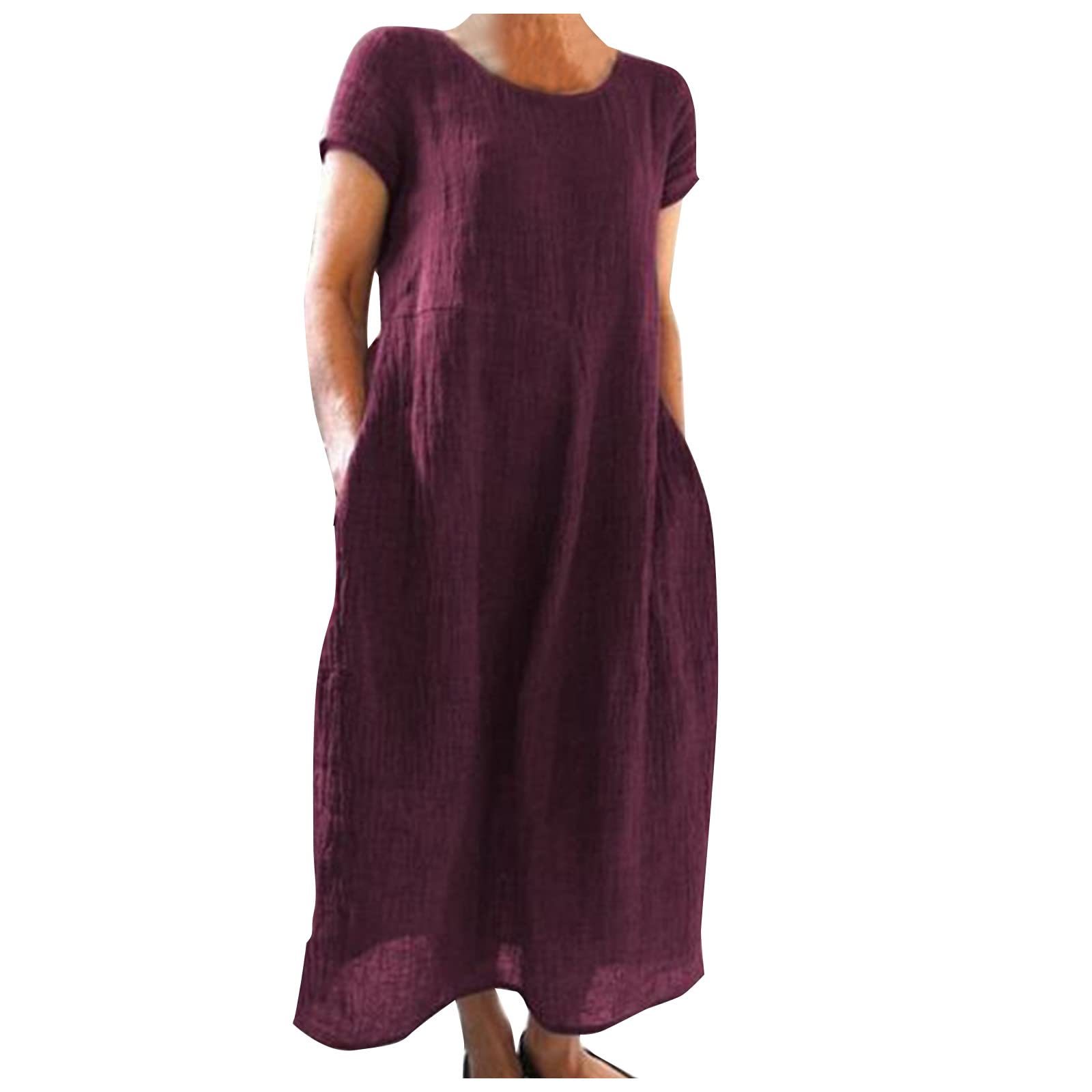 hmbudp Linen Maxi Dress For Women A Line Sundress Summer Trendy Short Sleeve Plus Size Crewneck Beach Dresses With Pockets