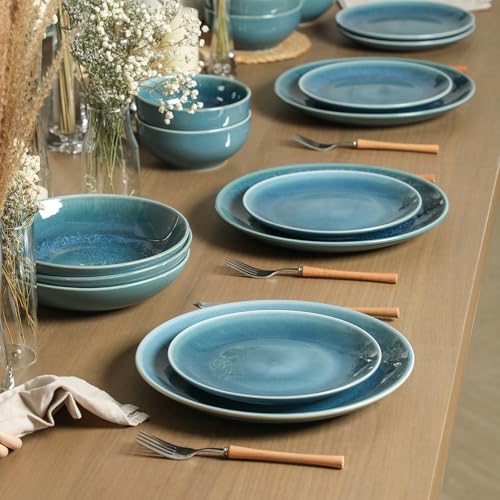 Image of Stone Lain Riley 16-Piece Dinnerware Set Stoneware, Plates and Bowls Set, Dishwasher and Microwave Safe, Dish Set for 4, Blue