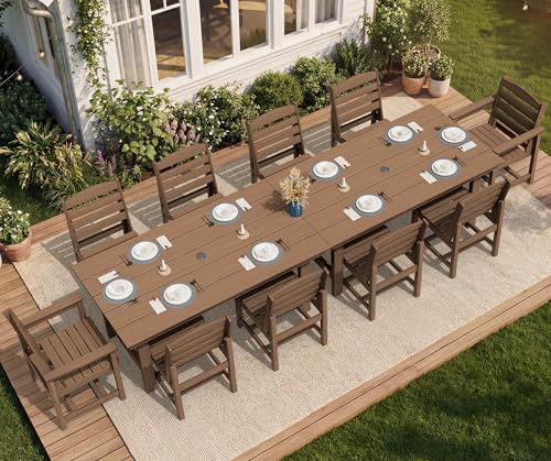 Image of SERWALL 7-Pc HDPE Patio Dining Set, 1 Table & 6 Armless Chairs, Brown | HDPE Outdoor Dining Set with Rectangular Table & 6 Armless Chairs, All-Weather Resistant SERWALL Dining Set for 6
