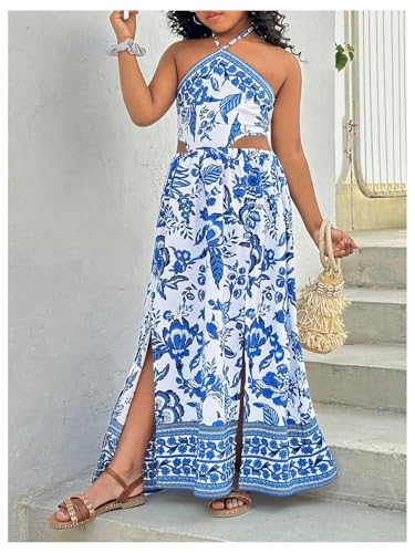 Girl's Tropical Floral Vacation Halter Dresses Cut Out Sleeveless Split Smocked Maxi Dress3