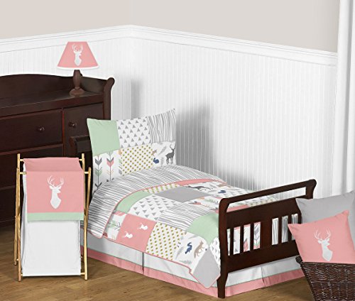 Sweet Jojo Designs 5-Piece Coral, Mint and Grey Woodsy Deer Girls Toddler Bedding Comforter Sheet Set
