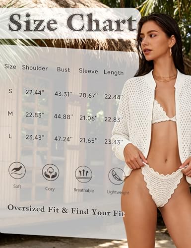 Image of HOCANDY Womens Zip Up Crochet Cardigan Sweater Oversized Long Sleeve Hollow Out Knit Bomber Jacket Fishnet Sweaters