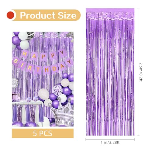 Image of 5 Pack Purple Foil Curtain Backdrop 3.2ft x 8.2ft Tinsel Foil Fringe Curtains Macaron Photo Booth Streamer Backdrop for Party Decorations Birthday Baby Shower Bachelorette Holiday (Light Purple)