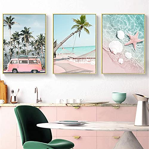 3 Stuk Roze Strand Palm Tree Canvas Schilderij Muur Art voor Woonkamer Meisjes Slaapkamer Badkamer Plant Foto's Dorm… - Afbeelding 4