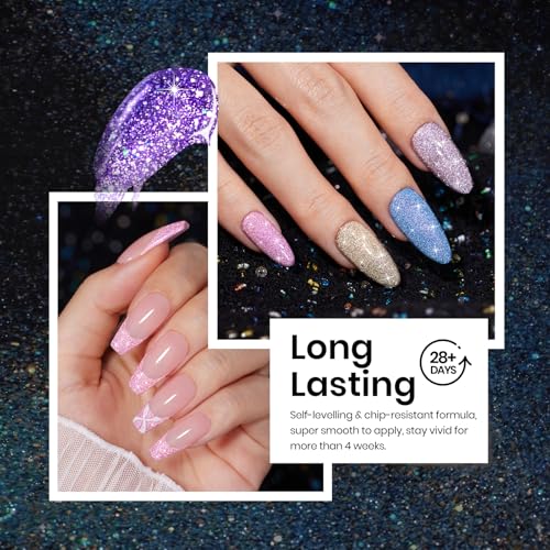 Image of Beetles Reflective Glitter Gel Nail Polish Kit Gel Polish 6 Colors Holographic Sparkle Flash Dimond Sliver Gold Soak Off UV LED Manicure Gift for Women Girls Midnight Sparkling
