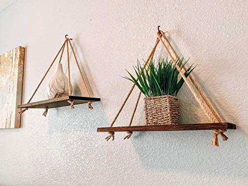 Mkono Hanging Shelves Boho Wall Decor Set of 2 Rustic Wood Floating Shelf with Rope Photo Plants Display Room Decor Aesthetic for Bedroom Bathroom Home Office College Dorm