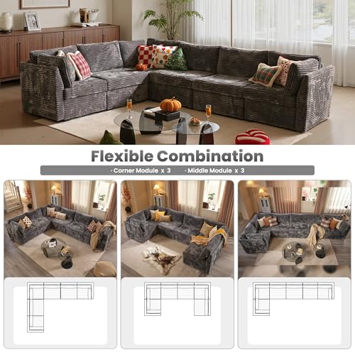 Image of ovios Modular Sectional Sofa Couch with V-Shape Chaise Convertible, Comfy Plush Corduroy Cloud Couches, Modern Luxury Deep Seat Sofas Set for Living Room, 6-Seater, Grey