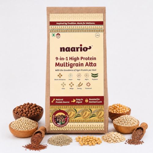 Naario 9-in-1 Protein Atta | Multigrain Atta | 8g Protein Per Roti | No Wheat | Low GI | Diabetic Friendly | 9 Roasted Grains — Black Chana, Jowar, Ragi, Bajra, Oats, Flaxseeds | Gluten Free | 1Kg