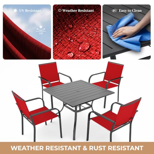 Image of Anmutig 5 Piece Patio Dining Set, 35 inch Square Table & Stackable Chairs Red