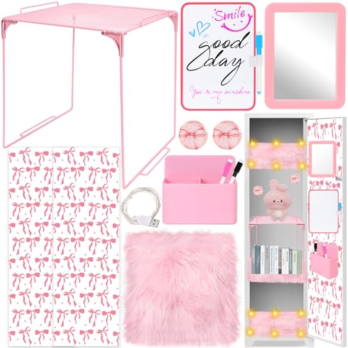 Image of 14 PCS Pink Locker Accessories Kit Back to School Locker Decorations Supplies for Girls with Locker Shelf Magnetic Wallpaper Whiteboard Mirror Organizer Markers Rug String Lights and Cute Bow Magnet