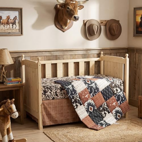 Image of Hahafelt 3 Pcs Western Cowboy Baby Crib Bedding Western Quilt Fitted Sheet Skirt Soft Flannel Nursery Bedding for Baby Boys Standard Infant Bed and Toddler Mattress Newborns Gifts