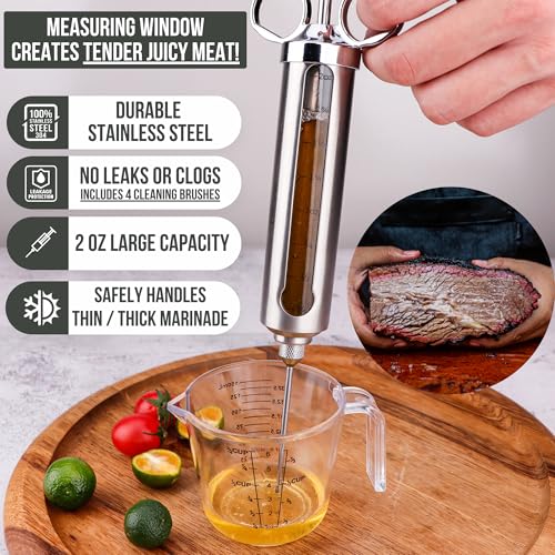 Image of Professional Marinade Meat Injector Syringe Kit for Smoking & Grilling Brisket, Pork, Turkey & BBQ - Large 2 Oz Stainless Steel Capacity, Never Leaks or Clogs + Meat Shredding Claws & Brush
