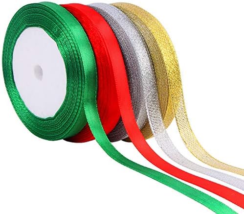 DECYOOL 4 Rolls 100 Yards Christmas Ribbons Metallic Glitter Fabric Holiday Festival Satin Ribbons 10mm Wide for Gift Wrapping Decoration