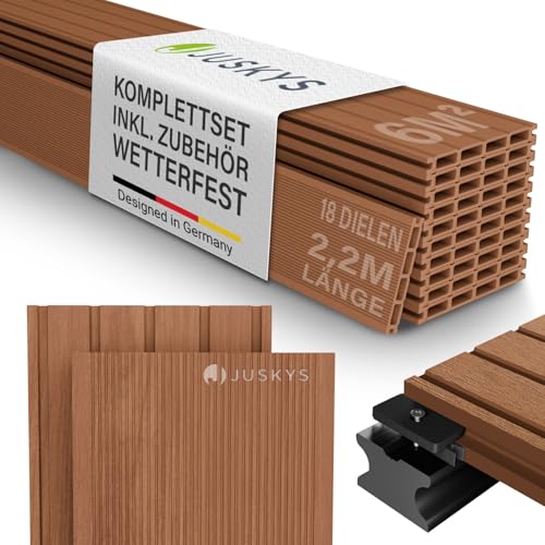 Juskys WPC Terrassendielen 6 m 220 cm Dielen wetterfest & pflegeleicht inkl. Unterkonstruktion Clips & Schrauben rutschfest für Terrasse & Balkon Teak