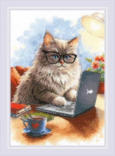 Image of RIOLIS - Writer of Meowmoirs 2263, Cats Cross Stitch Kits 8 inchx11, Cross Stitch Kits for Beginners & Advanced, Crossstitching Kits Adult, Counted Stitching Kits, Cats Embroidery Kit