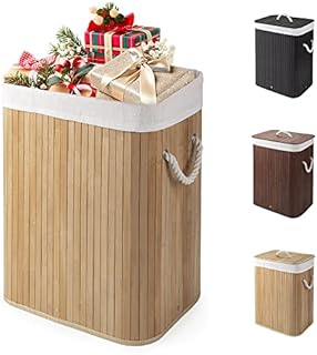 Virklyee Foldable Bamboo Laundry Basket 60L Small Bamboo Hamper Bamboo Laundry Bin with Lid Clothes Washing Basket Storage Box with Handles Storage Hamper Collapsible Laundry Hamper(Wood Color o2)