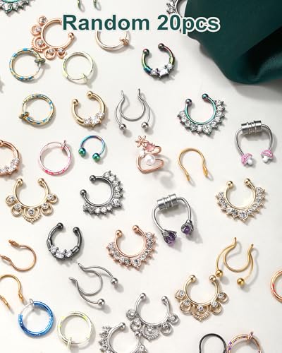 COCHARM Non-piercing Septum Ring, Random 20pcs Fake Hoop Septum Ring for Women Men, No Pain Faux Nose Ring Non Piercing3
