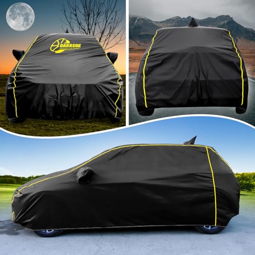 Image of Waterproof Car Body Cover Compatible with Toyota Glanza Car with Mirror & Anteena Packets Dust Proof & Belt with Elastic Black Colour & Yellow Piping Style