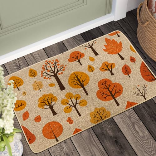 Tapete con diseño de hojas de otoño, naranja y amarillo, para interiores y exteriores, decoración de otoño, antideslizante, absorbe el polvo, fácil de limpiar, 29 x 17 pulgadas