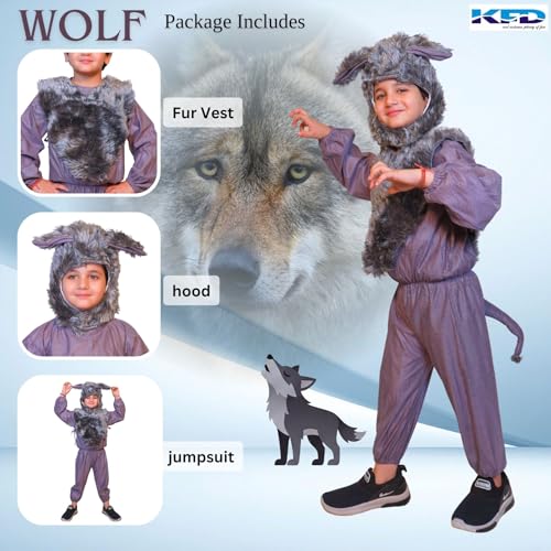 Image of Kaku Fancy Dresses Fleece Wolf Wild Animal Costume For Kids - Grey, 5-6 Years | Animal Fancy Dress For Boys & Girls