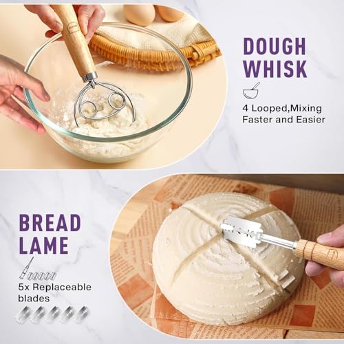 Image of Sourdough Bread Baking Supplies Kit - Dough Whisk, Breads Lame, Proofing Baskets 10 Inch Round and 9 Oval, Dough Scrapers, Cooking Brush, Basket Liners Complete Sourdough Starter Bread Gift Set