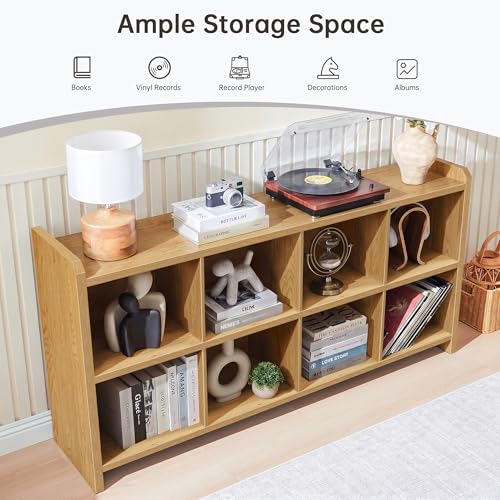 Image of 8 Cube Low Storage Organizer, 63 inch Long Horizontal Bookshelf, Natural